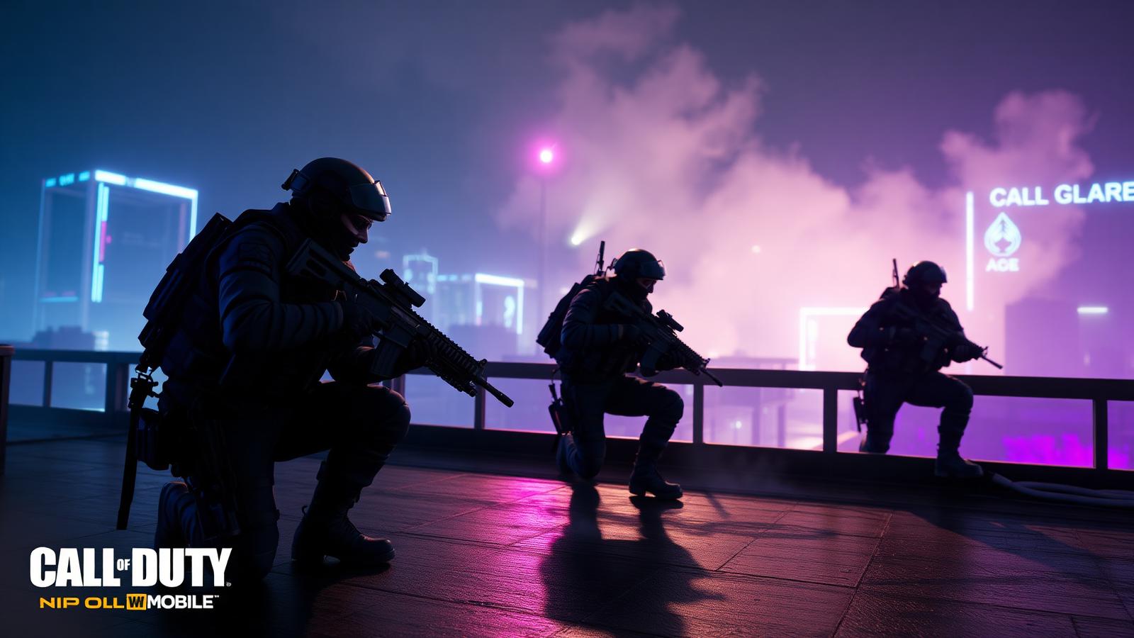 Call of Duty Mobile operators on a neon-lit rooftop battleground